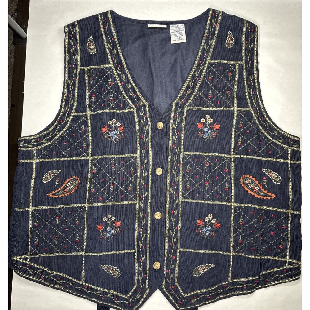 Bobbie Brooks Blue Cotton‎ vest Women size XL 14/16 Vintage boho flower corduroy